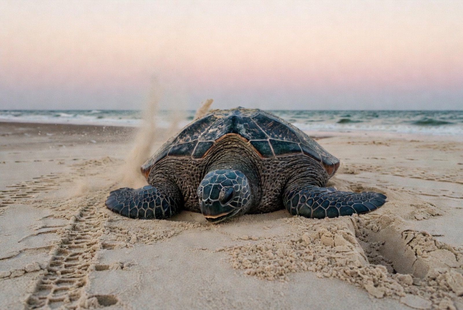 Sea turtle nesting on a sandy beach at night, tracks visible in the sand