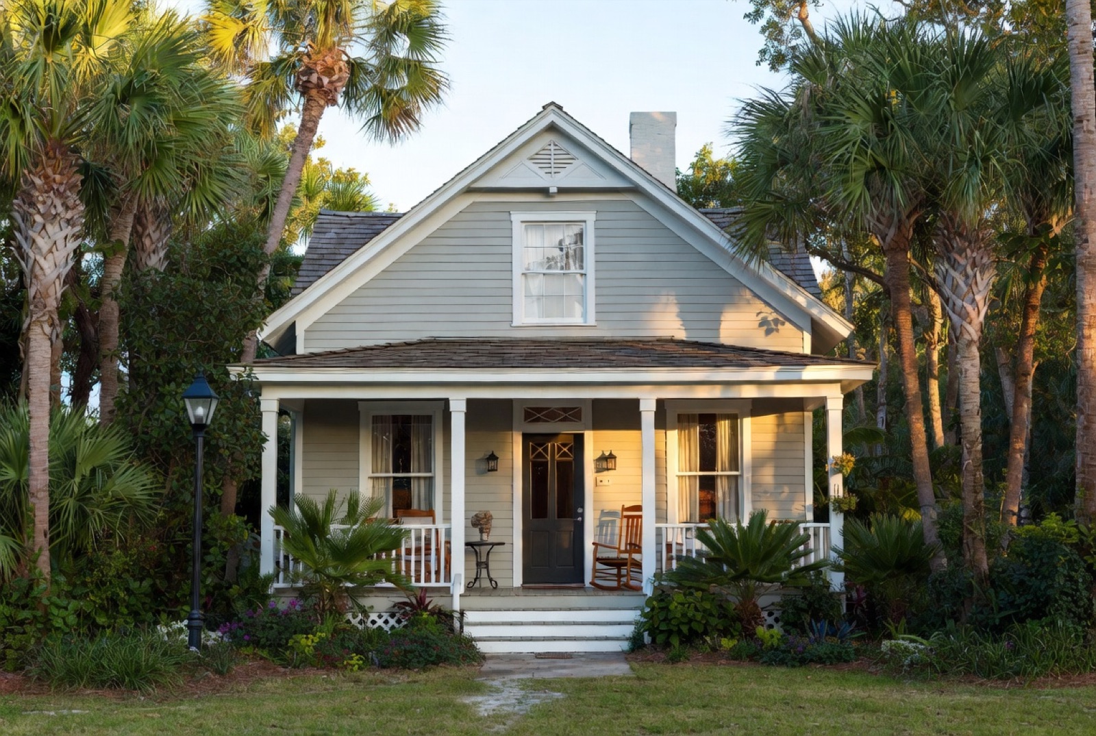 A historic Florida wood-frame cottage with a covered porch, lamp post, and palm trees in Cocoa Village