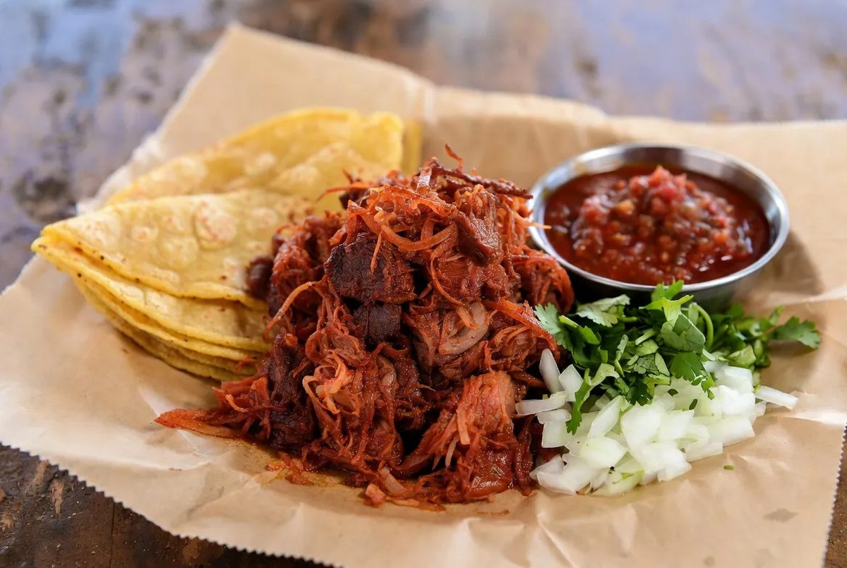 Barbacoa plate with shredded beef, corn tortillas, salsa, cilantro, and onion