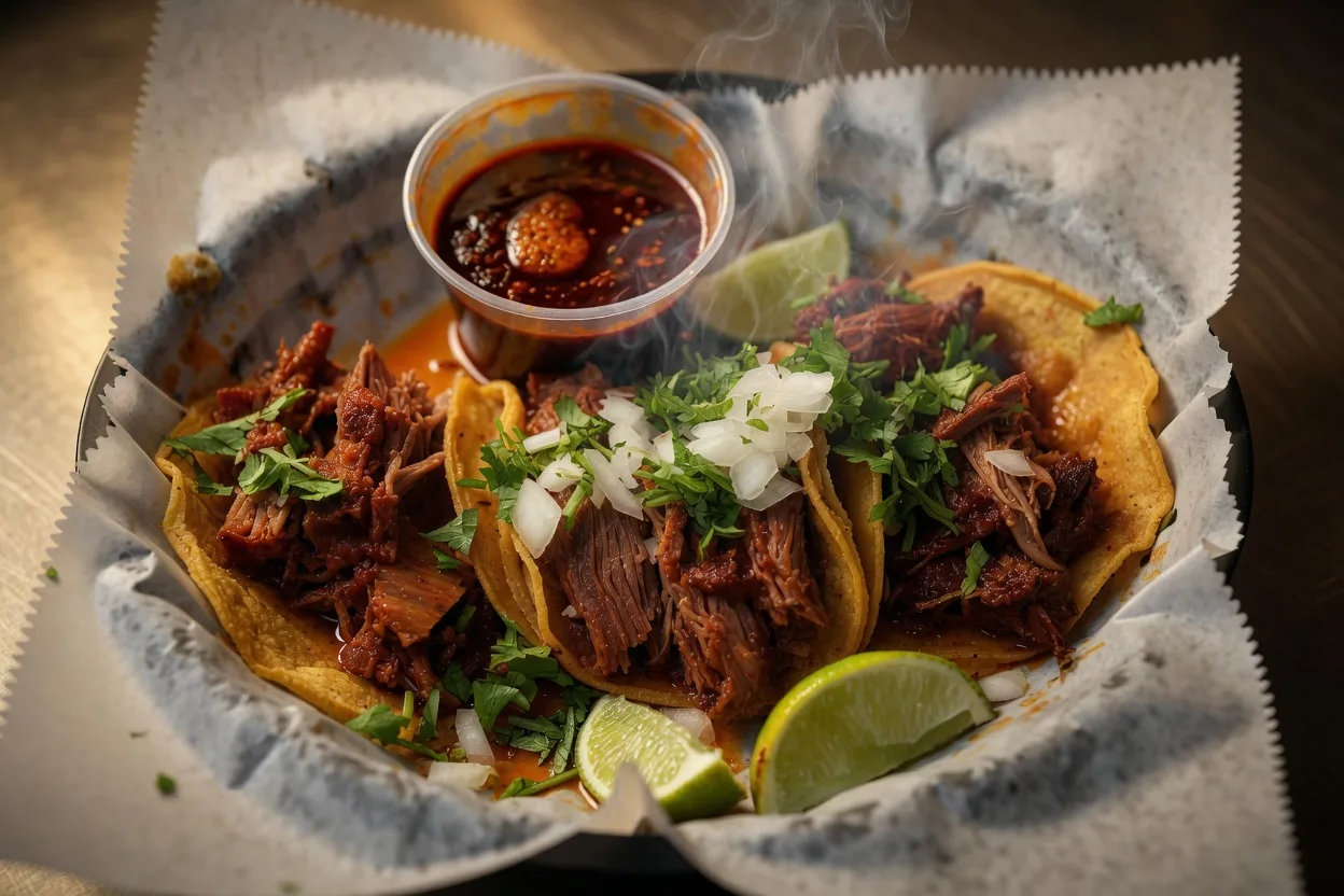 Plate of birria tacos with consomme from a Rio Grande Valley taqueria