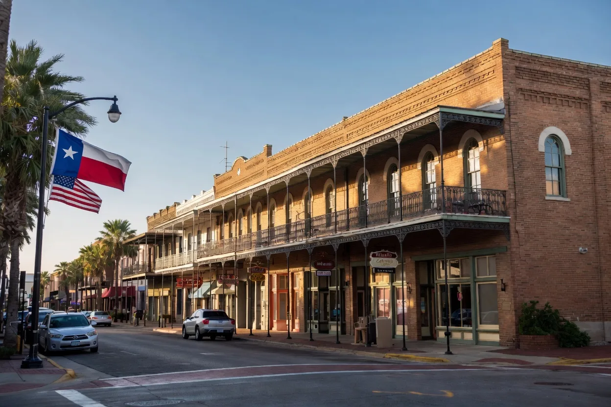 Downtown Brownsville at golden hour — historic buildings with Texas flag