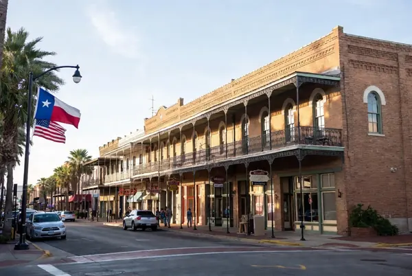Downtown Brownsville historic streetscape with Texas flag